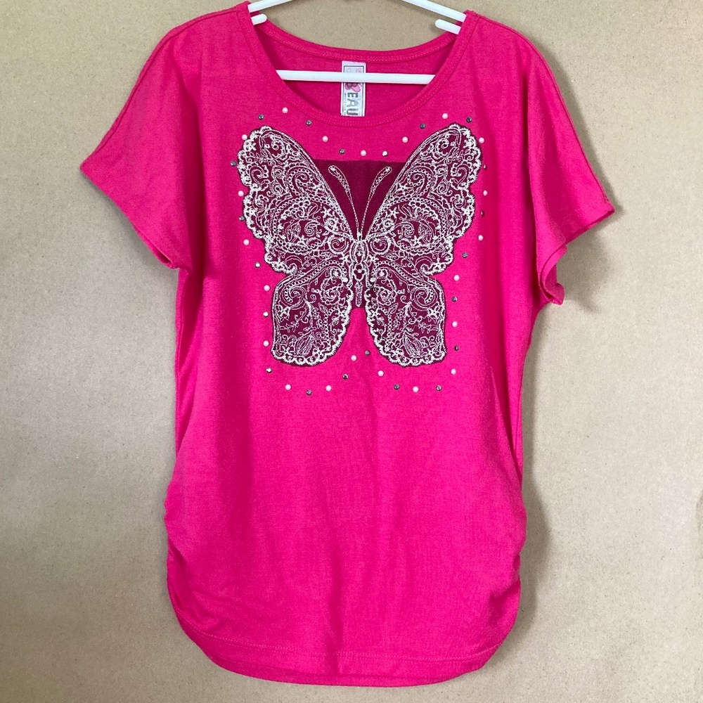 Girls Beautees size medium hot pink butterfly bling top
